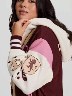 Champion Colorblock Hooded Varsity Jacket Women's Fleece Maroon Cream Medium